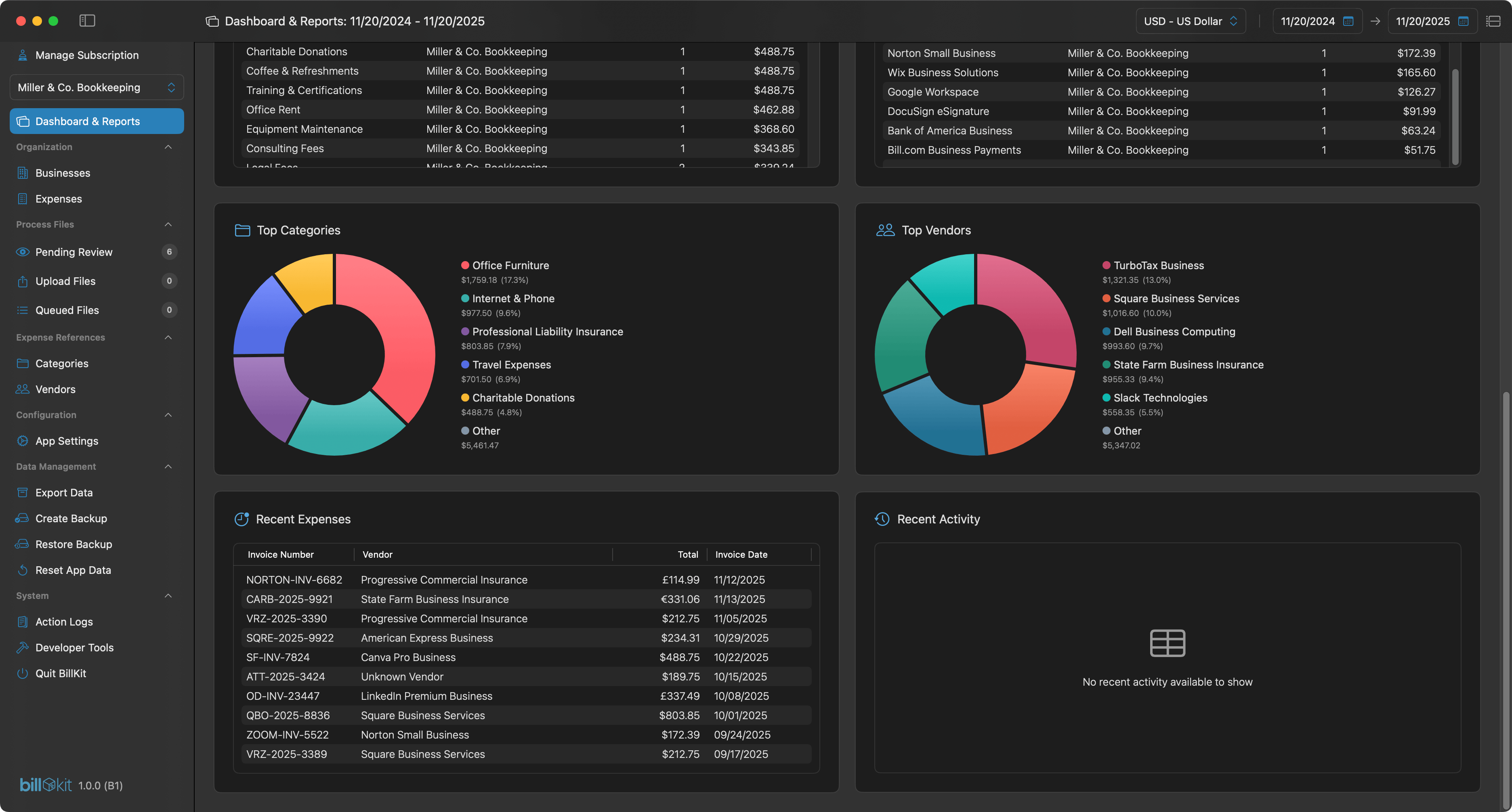 Top vendors and categories screen from the BillKit app